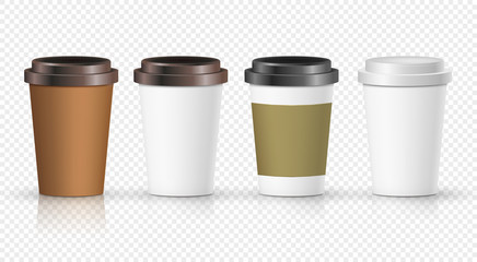 Coffee paper cup set with label. Brown plastic container for drink. Latte, mocha or cappuccino cup for cafe. Vector cover