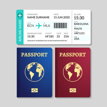 Vector passport illustration with tickets. Travel international id document. Journey flight pass