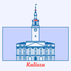 Poland Municipal house illustration in line art design. Townhall in Kalisz landmark emblem in linear style.