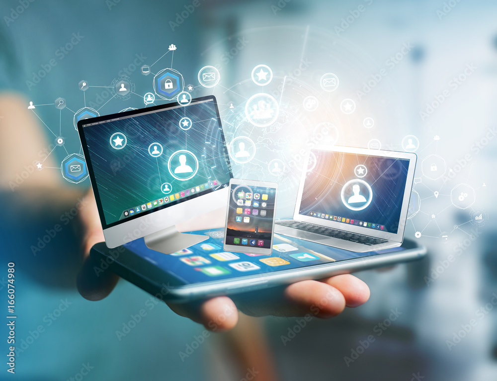Poster computer and devices displayed on a futuristic interface with business network - multimedia and tech