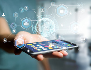 International business network connection displayed on a futuristic interface with technology icon and sphere globe - Worldwide business concept