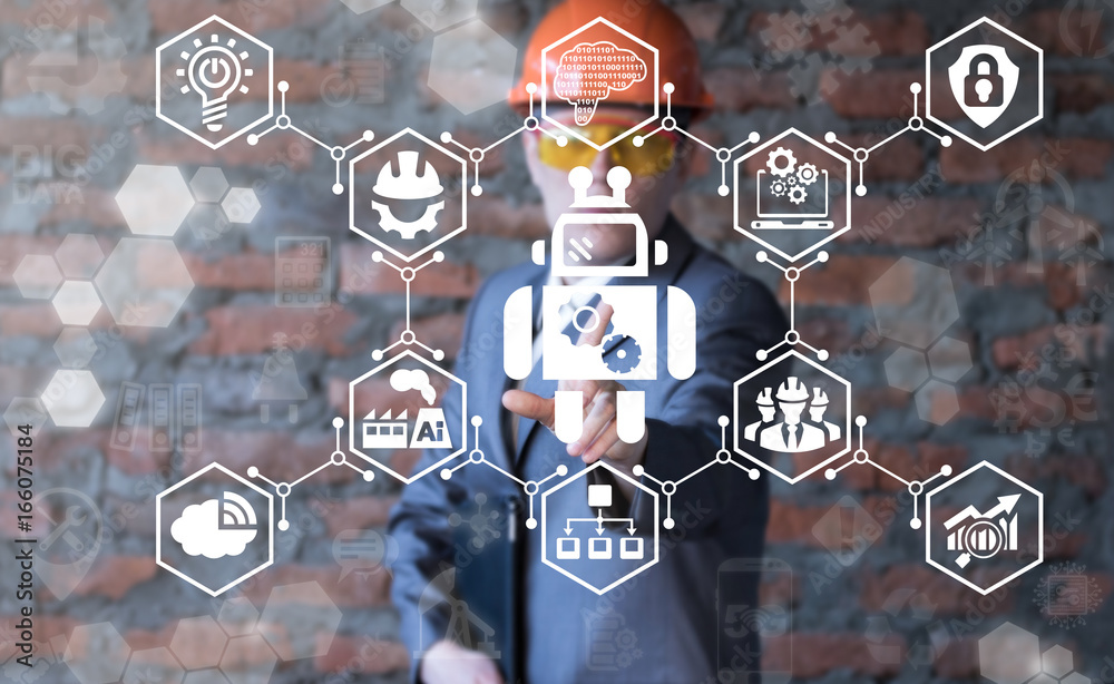 Poster robot artificial intelligence industry 4.0 concept. man presses robot gears button on a virtual grap