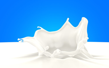3D Milk with milk splash on blue background.