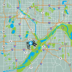 Vector Twin Cities Minneapolis-Saint Paul, USA Road Map Green Background