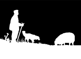 Vector Shepherd with Sheepdog and Sheep Silhouette