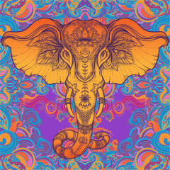Fototapeta premium Piękny ręcznie rysowane słoń w stylu plemiennym nad mandalą. Kolorowy design ze wzorem boho, psychodeliczne zdobienia. Plakat etniczny, sztuka duchowa, joga. Indyjski bóg Ganesha, indyjski symbol.