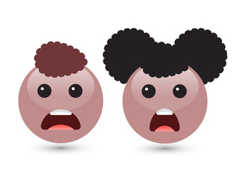 Vector illustration of two cute smiley brown emoticons on white background. Disappointed icons of boy and girl with dark hair, mouth, red tongue.