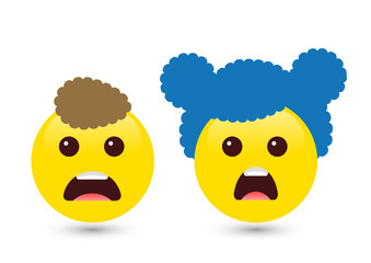 Vector illustration of two cute smiley yellow emoticons on white background. Very surprised icons of boy and girl with hair and mouth.