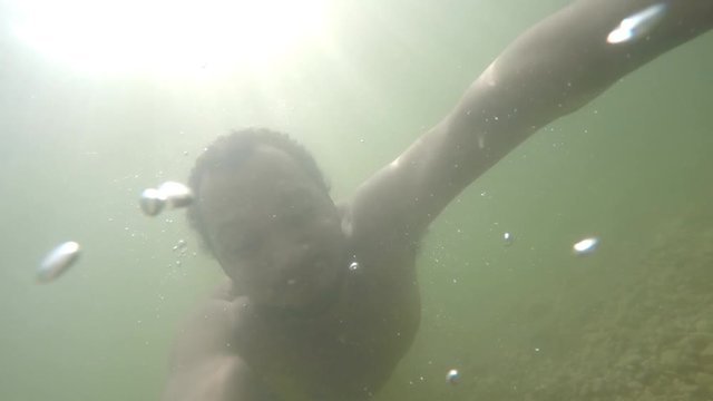 Man swimming in clear lake