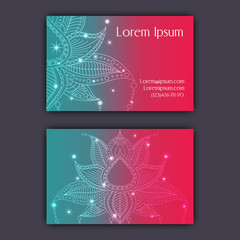 Vector vintage visiting card set. Glowing shiny floral mandala pattern and ornaments. Luxury design.