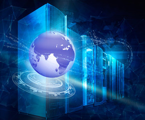Fototapeta premium technology, cyberspace and virtual reality concept - hologram of earth globe and virtual screen projection