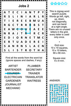 Jobs and occupations themed zigzag word search puzzle 2 (suitable both for kids and adults). Answer included.
