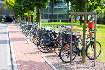 Fototapeta premium Public park with bicycle parking in Dusseldorf, Germany
