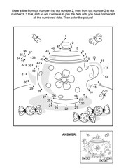 Connect the dots picture puzzle and coloring page with tea pot and candy. Answer included.
