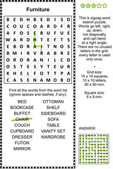 Furniture themed zigzag word search puzzle (suitable both for kids and adults). Answer included.
