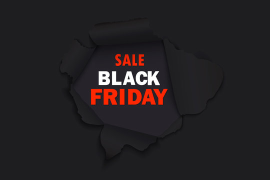Black Friday sale background. Hole in black paper. Black Friday banner. Up to 70% off. Special offer. Vector illustration EPS10