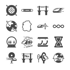 Futuristic transportation icon set. Included the icons as hyper, train, loop, speed, acceleration and more.