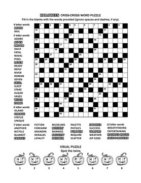 Halloween themed puzzle page with 19x19 criss-cross word game (English language) and visual puzzle with whimsical pumpkins.  Black and white, A4 or letter sized.
