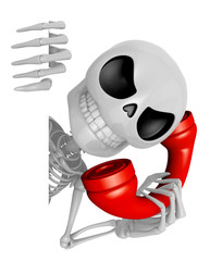 3D Skeleton Mascot hand is holding a board and telephone. 3D Skull Character Design Series.