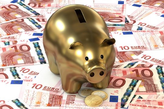 3d illustration: Golden piggy bank with copper coin cents lie on the background of banknote ten Euro, European Union. Money. Banking business concept. Investments, deposits, lending, storage, cash.
