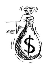 Hand holding money bag  with line  sketchy style.