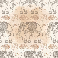 Beautiful hand-drawn tribal style elephant. Seamless pattern design, ornaments. Ethnic background, spiritual art, yoga. Indian god Ganesha,