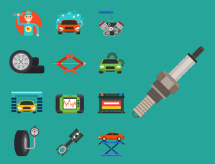 Auto car repair service symbols isolated shop worker maintenance transportation automotive mechanic vector illustration.