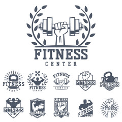 Monochrome fitness emblem design element gym sport club strong equipment silhouette vector illustration.