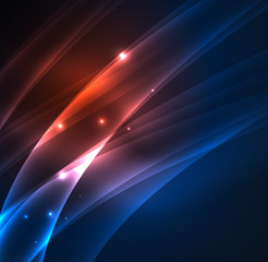 Energy lines, glowing waves in the dark, vector abstract background