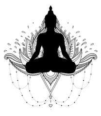 Vector ornamental Lotus flower with silhouette of Buddha, ethnic art, Indian paisley. Hand drawn illustration. Invitation element. Tattoo, spirituality, boho, magic symbol.
