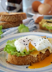 Egg poached on toast with cheese and lettuce leaves