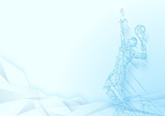Low polygon Serving tennis player wireframe mesh on soft blue background
