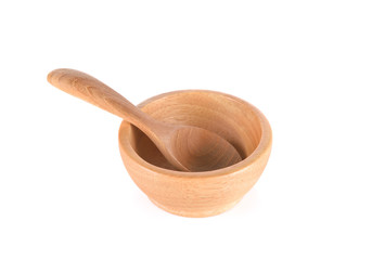 wooden bowl and spoon on white background