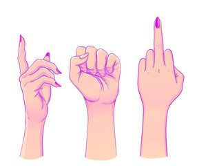 Human palm raised up. Set of hands in different gestures emotions and signs.