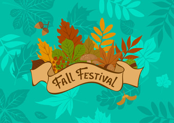 fall autumn forest leaf festival background with vintage badge  on blue foliage texture