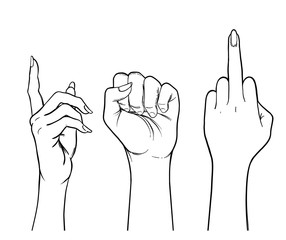 Human palm raised up. Set of hands in different gestures. Vector illustration isolated on white.