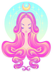 Cute teen girl with closed eyes and long hair. Mix of art nouveau and kawaii gothic style. Hipster, pastel goth, vibrant colors isolated. Vector illustration.