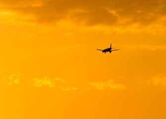 The plane is landing at sunset