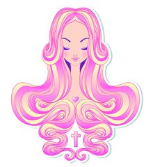 Cute teen girl with closed eyes and long hair. Mix of art nouveau and kawaii gothic style. Hipster, pastel goth, vibrant colors isolated. Vector illustration.