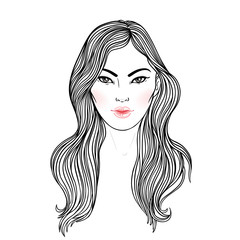 Young Asian woman with  long hair. Fashion vector illustration isolated on white. Can be used as a face chart or for hairdressers Skincare, professional hairdressing.