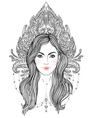 Tribal Fusion Boho Diva. Beautiful divine girl with ornate crown, kokoshnik inspired. Bohemian goddess. Hand drawn elegant illustration.