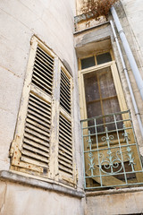 Old traditional wooden shutters, closed shutters 