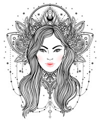Tribal Fusion Boho Diva. Beautiful divine girl with ornate crown, kokoshnik inspired. Bohemian goddess. Hand drawn elegant illustration.