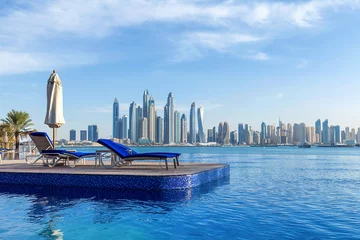 Keuken spatwand met foto Dubai skyline met lounge stoelen op de voorgrond om uit te rusten © Cara-Foto