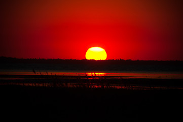 Red sunset near pond