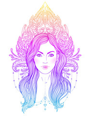 Tribal Fusion Boho Diva. Beautiful Asian divine girl with ornate crown, kokoshnik inspired. Bohemian goddess. Hand drawn elegant illustration. Lotus flower, ethnic art.