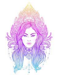 Tribal Fusion Boho Diva. Beautiful Asian divine girl with ornate crown, kokoshnik inspired. Bohemian goddess. Hand drawn elegant illustration. Lotus flower, ethnic art.