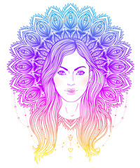 Tribal Fusion Boho Diva. Beautiful divine girl with ornate mandala-shaped halo, native American Indian feather headdress inspired. Adult anti-stress coloring book page.