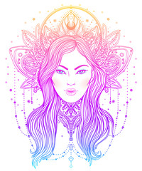 Obraz na płótnie Canvas Tribal Fusion Boho Diva. Beautiful Asian divine girl with ornate crown, kokoshnik inspired. Bohemian goddess. Hand drawn elegant illustration.