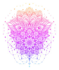 Vector ornamental Lotus flower and moon, ethnic art, patterned Indian paisley. Hand drawn illustration. Invitation element.